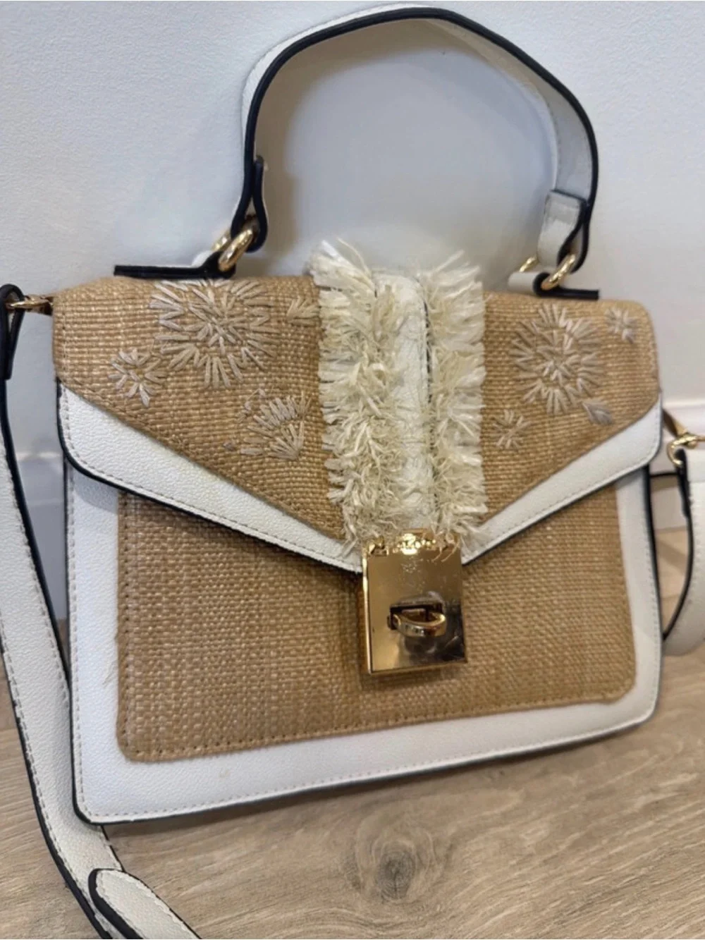 Aldo Natural Straw Hobo with White Trim and Gold Hardware